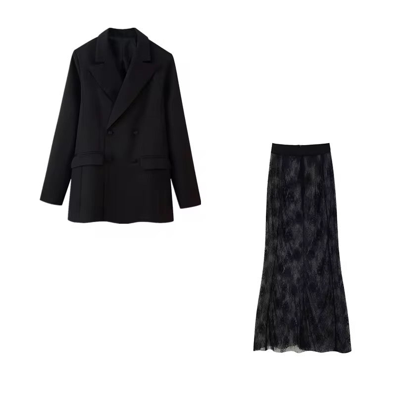 Double breasted Blazer and Lace Maxi skirt
