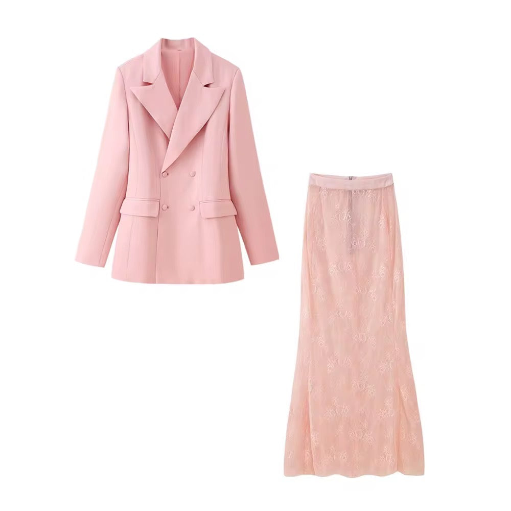 Double breasted Blazer and Lace Maxi skirt