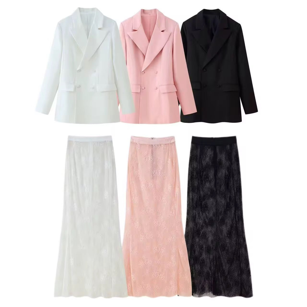 Double breasted Blazer and Lace Maxi skirt