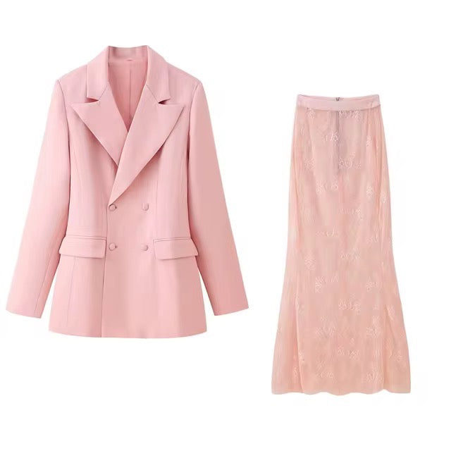 Double breasted Blazer and Lace Maxi skirt