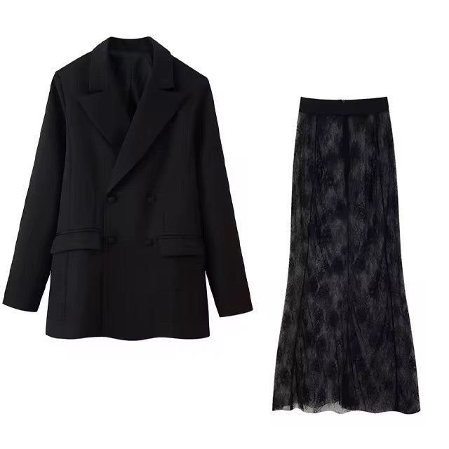 Double breasted Blazer and Lace Maxi skirt