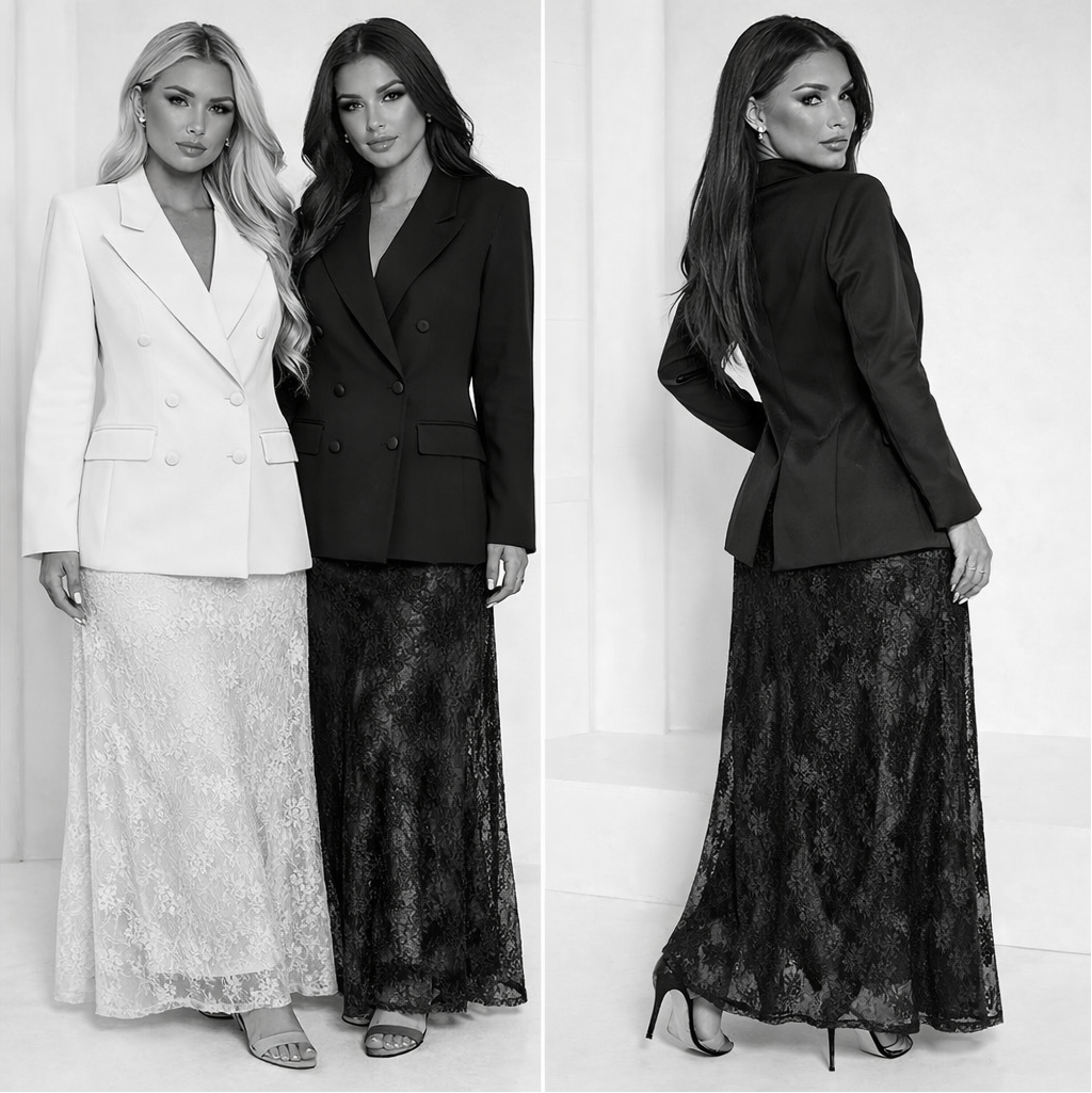 Double breasted Blazer and Lace Maxi skirt